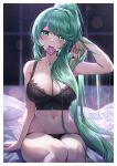  1girl adjusting_hair black_bra black_panties blurry blurry_background bra breasts chest_jewel condom condom_in_mouth condom_wrapper core_crystal_(xenoblade) curry_bowl green_eyes green_hair high_ponytail highres large_breasts long_hair looking_at_viewer mouth_hold navel on_bed panties pneuma_(xenoblade) ponytail sitting smile solo swept_bangs underwear underwear_only very_long_hair xenoblade_chronicles_(series) xenoblade_chronicles_2 