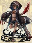  1girl belt black_coat black_collar black_hair black_sclera black_shorts blood blood_on_knife blood_on_tail blood_on_weapon braid breasts brown_belt chain chain_gun character_request chest_harness coat collar colored_sclera combat_knife commentary_request dairoku_ryouhei dark-skinned_female dark_skin flower full_body gladiator_sandals grey_footwear grin gun hair_flower hair_ornament hairclip harness highres holding holding_gun holding_knife holding_weapon hood hood_up hooded_coat kajaneko knife long_hair long_sleeves looking_at_viewer medium_breasts monochrome_background multiple_belts multiple_knives navel one_eye_covered open_clothes open_coat open_fly orange_eyes sandals scar sharp_teeth short_shorts shorts single_braid slime_(substance) smile solo standing standing_on_one_leg stitched_face stitched_torso stitches tail teeth thigh_belt thigh_strap tree weapon white_flower wide_sleeves x_hair_ornament yellow_pupils 