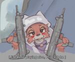  anthro blush canid canine canis clothed clothing countershading digital_media_(artwork) disney dual_wielding english_text female fox fur gun headgear headwear holding_object holding_submachine_gun holding_weapon maid_marian mammal open_mouth orange_body orange_fur ranged_weapon robin_hood_(disney) simple_background smile solo submachine_gun text uzi v_a weapon 