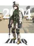  1girl absurdres assault_rifle body_armor camouflage desert_camouflage gun highres hunk03 interceptor_multi-threat_body_armor_system iraq_war knee_pads m16 m16a2 military motor_vehicle original pickup_truck rifle soldier tactical_clothes truck united_states_marine_corps weapon 