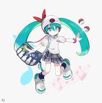  1girl absurdres aqua_eyes aqua_hair bag beanie black_socks collared_shirt gloves hair_through_headwear hat hatsune_miku headphones highres long_hair looking_at_viewer morizo_(morizoshop) musical_note pleated_skirt poke_ball pokemon project_voltage psychic_miku_(project_voltage) shirt shoulder_bag single_glove skirt socks twintails very_long_hair vocaloid white_footwear white_gloves white_headwear white_shirt 