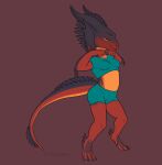  5_fingers animated anthro black_body blue_clothing bottomwear bouncing_breasts breasts claws clothing dancing digitigrade dragon eyes_closed feet female fingers horn jiggling kitradragonfox red_background red_clothing scales short_clothing shorts simple_background snout solo tail toe_claws toes 