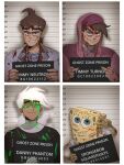  4boys absurdres ahoge animification artist_name bandaid bandaid_on_face barbie_mugshot_(meme) buck_teeth colored_skin crossover daniel_fenton danny_phantom danny_phantom_(character) earrings english_commentary english_text evil_grin evil_smile goggles goggles_on_head green_nails grin height_chart highres holding holding_sign hood hoodie izzy_(izbubbles) jewelry jimmy_neutron jimmy_neutron_(series) looking_at_viewer male_focus meme mugshot multiple_boys nickelodeon outline panels pink_headwear pink_hoodie pink_nails sign smile spongebob_squarepants spongebob_squarepants_(character) teeth the_fairly_oddparents timmy_turner white_hair white_outline yellow_skin 