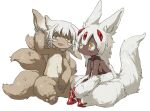  1girl 1other :3 androgynous animal_feet blush body_part_swap brown_fur claws closed_mouth dark-skinned_female dark_skin ear_down extra_arms extra_tails fang faputa furry half-closed_eyes hand_on_own_ear highres horizontal_pupils horns leaning_forward long_hair looking_at_another made_in_abyss medium_hair monster_girl nanachi_(made_in_abyss) nude red_horns sideways_glance simple_background sitting smile topless whiskers white_background white_fur white_hair xiaopizi32439 yellow_eyes 