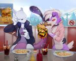  2023 alpineping anthro beverage burger canid canine claws clothing detailed_background duo eating felid feline food fries front_view fur generation_1_pokemon generation_7_pokemon headphones headphones_around_neck hoodie ketchup ketchup_bottle legendary_pokemon lycanroc male mammal mewtwo midnight_lycanroc multicolored_body multicolored_fur mustard mustard_bottle nintendo pepper_shaker pokemon pokemon_(species) purple_body purple_fur red_eyes salt_shaker shirt sitting topwear white_body white_fur 