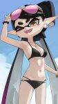  +_+ 1girl bikini black_bikini black_hair breasts callie_(splatoon) cleavage collarbone earrings eyewear_on_head fangs food highres hoop_earrings jewelry long_hair medium_breasts midriff mole mole_under_eye navel one_eye_closed pink-tinted_eyewear pointy_ears solo splatoon_(series) squid sunglasses sushi swept_bangs swimsuit takkun0926 tentacle_hair tinted_eyewear twintails 