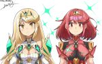  2girls absurdres armor bare_shoulders blonde_hair blush bodysuit breasts brown_eyes chest_jewel cleavage cleavage_cutout closed_mouth clothing_cutout commentary core_crystal_(xenoblade) english_commentary eyelashes gold_trim highres impossible_clothes justin_yamagiwa large_breasts long_hair looking_at_viewer medium_hair multiple_girls mythra_(xenoblade) pyra_(xenoblade) red_bodysuit red_eyes red_hair shadow shoulder_armor shoulder_cutout signature smile swept_bangs tiara twitter_username upper_body xenoblade_chronicles_(series) xenoblade_chronicles_2 