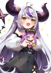  1girl ahoge black_horns braid braided_bangs character_doll coat detached_sleeves doll grey_hair highres holding holding_doll hololive horns la+_darknesss la+_darknesss_(1st_costume) long_hair multicolored_hair pointy_ears purple_coat purple_hair shinomiya_shino_(sinosino141) streaked_hair striped_horns tokoyami_towa virtual_youtuber yellow_eyes 