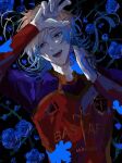  1boy blonde_hair blue_eyes blue_flower blue_hair blue_lock blue_rose commentary_request en_llll flower gradient_hair highres long_hair long_sleeves looking_at_viewer male_focus michael_kaiser multicolored_hair open_mouth rose soccer_uniform solo sportswear 