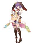  1girl animal_ears bangs bernadetta_von_varley boots dress fake_animal_ears fake_tail fire_emblem fire_emblem:_three_houses fire_emblem_heroes flower full_body gloves green_eyes hair_ornament highres non-web_source official_art puffy_short_sleeves puffy_sleeves purple_eyes rabbit_ears rabbit_tail short_dress short_hair short_sleeves solo tail thigh_boots thigh_strap transparent_background 