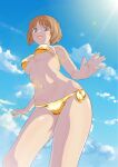  1girl absurdres bikini blue_sky breasts brown_eyes brown_hair cloud cloudy_sky commentary cowboy_shot day english_commentary girls_und_panzer gold_bikini highres huaronanago lens_flare looking_at_viewer medium_breasts mixed-language_commentary navel nishizumi_miho open_mouth outdoors short_hair side-tie_bikini_bottom sky smile solo standing sunlight swimsuit 