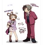  1boy 1girl ace_attorney angry arms_behind_back ascot black_vest blush bow brown_hair formal full_body grey_hair hair_intakes hair_rings hand_on_own_arm hanten_(clothes) jacket japanese_clothes jewelry kimono long_sleeves looking_at_another magatama magatama_necklace miles_edgeworth necklace open_mouth pants pearl_fey phoenix_wright:_ace_attorney_-_justice_for_all red_jacket red_pants red_suit shoes short_hair short_kimono smile standing suit vest wahootarou waist_bow white_background white_kimono 