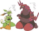  anthro dijon_(guncht) duo eeveelution english_text female generation_1_pokemon generation_5_pokemon green_body guncht jolteon nintendo overweight overweight_female pokemon pokemon_(species) red_body scolipede simple_background stromboli_(guncht) text trans_(lore) trans_man_(lore) trans_woman_(lore) white_background 