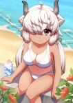  1girl absurdres alternate_costume bare_arms bare_shoulders bikini blush brown_eyes ev_(kemomimizuku) food from_above hair_over_one_eye highres kemono_friends long_hair looking_at_viewer looking_up marine_day midriff ox_ears ox_girl ox_horns shaved_ice sidelocks sitting smile solo swimsuit tan tanlines twintails white_bikini white_hair yak_(kemono_friends) 
