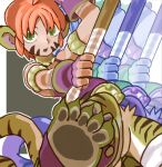  1girl animal_ears arm_up armlet body_fur bottomless breath_of_fire breath_of_fire_ii facial_mark fang fingerless_gloves gloves green_eyes holding holding_staff lowres open_mouth orange_hair purple_gloves rinpoo_chuan sharp_toenails short_hair sicky_(pit-bull) solo staff tail tiger_ears tiger_girl tiger_tail toenails whisker_markings 