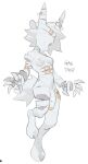  2023 ambiguous_species anthro biped breasts buckle claws digital_media_(artwork) finger_claws flaccid genitals gynomorph hi_res horn intersex penis simple_background solo straps telson white_background white_body 
