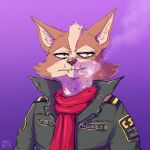  2022 anthro canid canine cigarette cigarette_in_mouth clothed clothing digital_media_(artwork) flight_suit fox fox_mccloud fur green_eyes habiyeru hair half-closed_eyes jacket male mammal military military_uniform narrowed_eyes nintendo object_in_mouth red_scarf scarf simple_background smoking smoking_cigarette solo star_fox tan_body text topwear uniform 