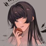  1girl ahoge apple arknights artist_name black_halo black_wings blunt_bangs broken_halo brown_hair chinese_commentary chinese_text close-up commentary_request completely_nude cropped_shoulders dark_halo detached_wings energy_wings facing_viewer fingernails food fruit grey_background grey_eyes halo hand_up head_tilt highres hime_cut holding holding_food holding_fruit light_smile lips long_hair looking_afar looking_at_viewer looking_to_the_side looking_up nude parted_lips portrait shadow sidelocks simple_background solo teeth virtuosa_(arknights) watermark weibo_6581782462 weibo_logo weibo_username wings 