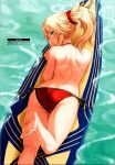  1girl absurdres ass bare_shoulders barefoot bikini blonde_hair blush braid day fate/apocrypha fate/grand_order fate_(series) green_eyes hair_ornament hair_scrunchie highres leg_up looking_at_viewer looking_back lying mordred_(fate) mordred_(fate/apocrypha) on_stomach outdoors ponytail scan scrunchie side-tie_bikini_bottom simple_background solo surfboard swimsuit tan tanlines toes tonee topless water 