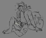  anthro bodily_fluids canid canine canis clothed clothing cum fully_clothed genital_fluids hi_res male mammal masturbation solo stroking_penis wolf 