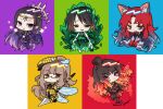  5girls adult_who_tells_lies_(project_moon) animal_ears animal_hands bbunny big_and_will_be_bad_wolf black_hair brown_hair cape child_of_the_galaxy dress fiery_hair gebura_(project_moon) green_dress green_eyes high_ponytail honeycomb_(pattern) insect_wings iori_(project_moon) jacket library_of_ruina mirinae_(project_moon) moirai_(library_of_ruina) multicolored_hair multiple_girls project_moon purple_cape purple_eyes purple_hair purple_jacket queen_bee_(lobotomy_corporation) red_eyes red_hair scorched_girl star_(symbol) streaked_hair tail wings wolf_ears wolf_tail xiao_(genshin_impact) 