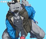  2023 anthro arknights art_uza black_hair clothing ear_piercing erection fur genitals grey_body grey_fur hair hi_res humanoid_genitalia humanoid_penis hyena hypergryph jacket jacket_only kneeling male mammal one_eye_closed penis piercing solo spot_(arknights) spotted_hyena studio_montagne tail topwear 