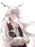  1boy animal_ears arknights black_vest colored_eyelashes goat_boy goat_ears goat_horns highres horns jewelry kreide_(arknights) long_hair long_sleeves looking_at_viewer male_focus open_clothes open_collar open_vest own_hands_together parted_lips pendant purple_eyes ramel shirt simple_background smile solo swept_bangs upper_body vest white_background white_hair white_shirt wing_collar 
