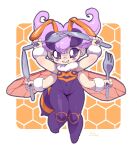  1girl absurdres antennae arthropod_girl bee_girl blush covered_navel extra_arms fork highres holding holding_fork holding_knife insect_wings knife navel purple_eyes purple_hair q-bee short_hair signature skin_tight solo vampire_(game) white_background wings woory wrist_cuffs 