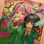  2girls berry black_hair blush character_request chocolate_syrup dress dutch_angle eating food food_in_mouth fruit green_dress green_eyes green_jacket highres holding holding_food holding_ice_cream holding_ice_cream_cone ice_cream ice_cream_cone jacket kagenoyuhi kiwi_(fruit) kiwi_slice long_hair long_sleeves looking_at_viewer medium_hair michi_to_no_kouyuu multicolored_hair multiple_girls open_clothes open_jacket open_mouth outside_border pink_background pink_hair plaid plaid_background prehensile_hair size_difference straight_hair streaked_hair two-tone_hair upper_body waffle_cone 