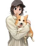  1girl animal baseball_cap brown_eyes brown_hair closed_mouth collared_shirt dog grey_headwear hat highres holding holding_animal holding_dog long_sleeves mmmo3 original shirt short_hair signature simple_background tongue upper_body welsh_corgi white_background white_shirt 