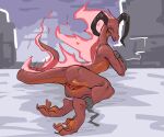  anthro anus bedroom_eyes butt chain claws cuff_(restraint) demon female fire flaming_hair flaming_tail genitals handcuffs hi_res horn humanoid ifrit_(risk_of_rain) looking_at_viewer metal_cuffs narrowed_eyes nude pseudo_hair pussy red_body restraints risk_of_rain scalie seductive shackles solo tail yamabat 