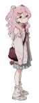  1girl absurdres bag cardigan hair_ornament handbag highres leg_warmers mormormorp open_cardigan open_clothes original oversized_clothes pink_hair pleated_skirt red_eyes ribbon school_uniform shoes simple_background skirt sneakers socks solo two_side_up white_socks 