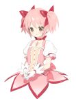  1girl closed_mouth dress flat_chest frilled_sleeves frills gloves hair_ribbon highres kaname_madoka lunch_(lunchicken) magical_girl mahou_shoujo_madoka_magica neck_ribbon pink_dress pink_eyes pink_hair pink_ribbon puffy_short_sleeves puffy_sleeves red_ribbon ribbon short_sleeves short_twintails simple_background smile solo soul_gem twintails white_background white_gloves 