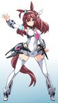  1girl adapted_costume animal_ears blue_background blue_eyes breasts brown_hair full_body gradient_background grey_skirt grey_thighhighs horse_ears horse_girl horse_tail karukan_(monjya) long_hair looking_at_viewer mecha_musume medium_breasts mihono_bourbon_(umamusume) necktie outstretched_arm pink_necktie skirt solo standing tail thighhighs umamusume white_background 