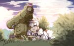  1girl :d absurdres blurry blurry_background cannon chinese_commentary cloud commentary_request full_body grass highres looking_at_viewer merlin_prismriver open_mouth outdoors pink_headwear purple_eyes pzgr.40 short_hair smile solo touhou turret variant_set white_hair 