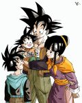  1girl 3boys black_hair black_jacket blue_jacket brown_jacket character_request child dragon_ball green_pants highres jacket kakeru_(dbskakeru) looking_at_another multicolored_clothes multicolored_jacket multiple_boys open_clothes open_jacket open_mouth orange_shawl pants purple_tunic shawl shirt simple_background spiked_hair toriyama_akira_(style) two-tone_jacket white_background white_shirt 