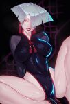  1girl a.k.i._(street_fighter) black_background china_dress chinese_clothes dress earrings flats hair_over_one_eye highres impossible_clothes impossible_dress jewelry mole mole_under_mouth pale_skin pelvic_curtain qtori red_eyes red_lips short_hair sitting smile street_fighter street_fighter_6 tassel tassel_earrings teeth 