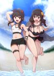  2girls barefoot beach bikini black_bikini black_bra black_gloves blue_sky blush bow bra braid breasts brown_hair cleavage gloves hair_bow hair_ornament highres holding_hands kono_subarashii_sekai_ni_bakuen_wo! kono_subarashii_sekai_ni_shukufuku_wo! large_breasts megumin multiple_girls ponponmaru red_bow red_eyes sand sarong sky small_breasts swimsuit underwear water yunyun_(konosuba) 