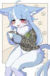  2023 5_fingers absurd_res ahoge anthro beverage blue_body blue_fur blue_hair blush bodily_fluids bottomless bottomless_anthro bottomless_male camo camo_clothing camo_print cheek_tuft clothed clothing coffee coffee_cup container countershading cup digital_media_(artwork) domestic_cat facial_tuft felid feline felis fingers fluffy footprint forked_tail fur girly hair heterochromia hi_res holding_beverage holding_container holding_cup holding_object inner_ear_fluff jacket japan_air_self-defense_force kemono konazarame long_hair looking_at_viewer male male_anthro mammal multicolored_body multicolored_fur multicolored_hair neck_tuft omaneko_(jasdf) open_mouth pattern_clothing pawpads pawprint pupils red_eyes sitting slit_pupils solo sweat sweatdrop tail tongue tongue_out topwear tuft two_tone_body two_tone_fur two_tone_hair unusual_anatomy unusual_tail whiskers white_body white_fur white_hair yellow_eyes 