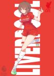  1girl brown_eyes brown_hair cleats england hachimitsu_shitate liverpool_fc nike original premier_league red_background red_shirt red_shorts shin_guards shiny_skin shirt short_hair shorts soccer socks sponsor sportswear white_socks 