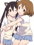  2girls animal_ears black_hair blue_skirt blush brown_eyes brown_hair cat_ears cat_girl collared_shirt highres hikaru_(ofuton_at5) hirasawa_yui hug k-on! long_hair multiple_girls nakano_azusa one_eye_closed pleated_skirt sakuragaoka_high_school_uniform school_uniform shirt short_hair short_sleeves skirt sweater_vest twintails white_shirt yellow_sweater_vest 