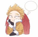  1boy black_gloves blank_thought_bubble blonde_hair boku_no_hero_academia brown_jacket closed_mouth feathered_wings fur-trimmed_jacket fur_trim gloves hawks_(boku_no_hero_academia) head_rest jacket long_sleeves looking_at_viewer male_focus nbmtyr red_wings short_hair simple_background solo thought_bubble twitter_username upper_body white_background wings 