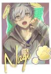  1boy :o black_eyes blue_lock character_name fangs grey_hair grey_hoodie hands_up highres hood hood_down hoodie looking_at_viewer male_focus nagi_seishirou open_mouth paw_print short_hair sleeves_past_wrists solo squr11608 teeth upper_body 