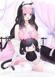  1girl animal_ear_fluff animal_ears bed_sheet black_hair breasts cat_ears cat_girl cleavage collar darlingstrawb heterochromia highres indie_virtual_youtuber large_breasts long_hair long_sleeves looking_at_viewer multicolored_hair nerujunbi on_bed open_mouth pillow pink_eyes pink_hair purple_eyes rev_says_desu sitting sleeves_past_wrists smile solo stuffed_toy thighhighs virtual_youtuber white_thighhighs 