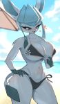  absurd_res anthro bikini blue_body blue_fur blush bodily_fluids breasts clothing eeveelution female fur generation_4_pokemon glaceon hi_res looking_at_viewer nintendo nipples open_mouth pokemon pokemon_(species) solo sweat swimwear tail tp10 