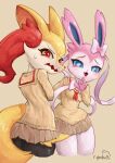 2girls :3 absurdres angry animal_ear_fluff animal_ears animal_nose artist_name black_fur blue_eyes blue_sclera blush body_fur bow bowtie braixen breasts brown_background brown_sailor_collar brown_shirt brown_skirt clothed_pokemon clothing_cutout colored_sclera commentary_request cowboy_shot cropped_legs fangs fox_ears fox_girl fox_tail from_behind furry furry_female hair_bow hand_up happy highres long_sleeves looking_at_viewer looking_back miniskirt multicolored_fur multiple_girls neckerchief open_mouth pepper_gecko72 personification pink_bow pink_bowtie pink_fur pleated_skirt pokemon pokemon_(creature) red_eyes red_neckerchief sailor_collar school_uniform serafuku shirt signature simple_background skirt small_breasts smile snout standing sweat sylveon tail tail_through_clothes thighs tongue two-tone_fur v-shaped_eyebrows wavy_mouth white_fur yellow_fur 