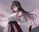  1girl artist_logo black_hair brown_eyes cloud gradient_sky hakama hakama_skirt haruna_(kancolle) haruto_(harut_n) japanese_clothes kantai_collection kimono long_hair looking_at_viewer mountain one-hour_drawing_challenge red_hakama red_skirt ribbon-trimmed_sleeves ribbon_trim skirt sky sleeveless sleeveless_kimono smile solo 