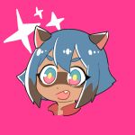  1girl animal_ears blue_hair brand_new_animal brown_fur fang furry furry_female hair_between_eyes highres kagemori_michiru multicolored_eyes open_mouth pink_background raccoon_ears raccoon_girl shie_(mmmmmmmmmmyc) short_hair solo yellow_pupils 