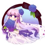  1girl blue_flower bouquet bridal_veil bride closed_mouth commentary_request dress expressionless flower gloves highres holding holding_bouquet hoshizuki_sakusa long_hair off-shoulder_dress off_shoulder original pink_hair purple_eyes ribbon solo tareme veil very_long_hair wedding_dress white_dress white_gloves white_ribbon 