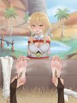  1girl askad barefoot blonde_hair blush boots boots_removed breasts cleavage feet flower foot_focus foot_tickling genshin_impact hair_flower hair_ornament highres looking_at_viewer lumine_(genshin_impact) oasis open_mouth palm_tree restrained soles steam sweat tickling toes tree 